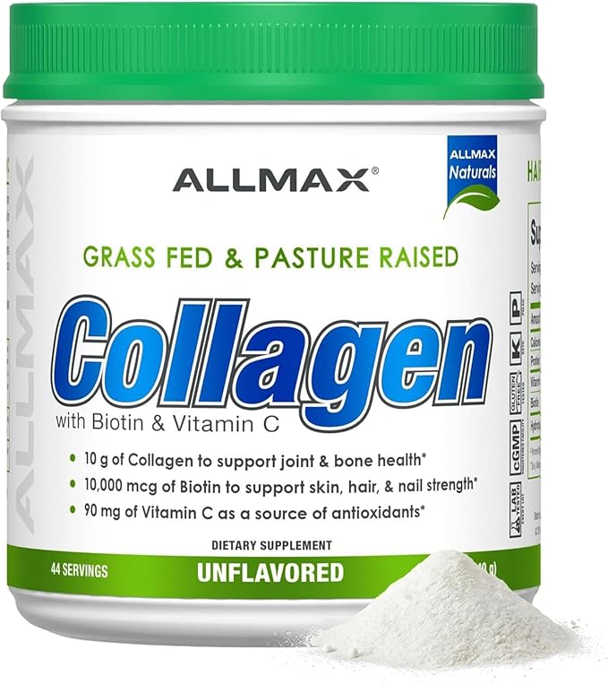 ALLMAX Collagen Powder Unflavored, Hydrolyzed Collagen Peptides, Grass Fed Bovine Collagen, Vitamin C & Biotin, Hair Skin Nails & Joint Support.