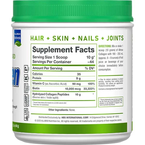 ALLMAX Collagen Powder Unflavored, Hydrolyzed Collagen Peptides, Grass Fed Bovine Collagen, Vitamin C & Biotin, Hair Skin Nails & Joint Support. - Image 2